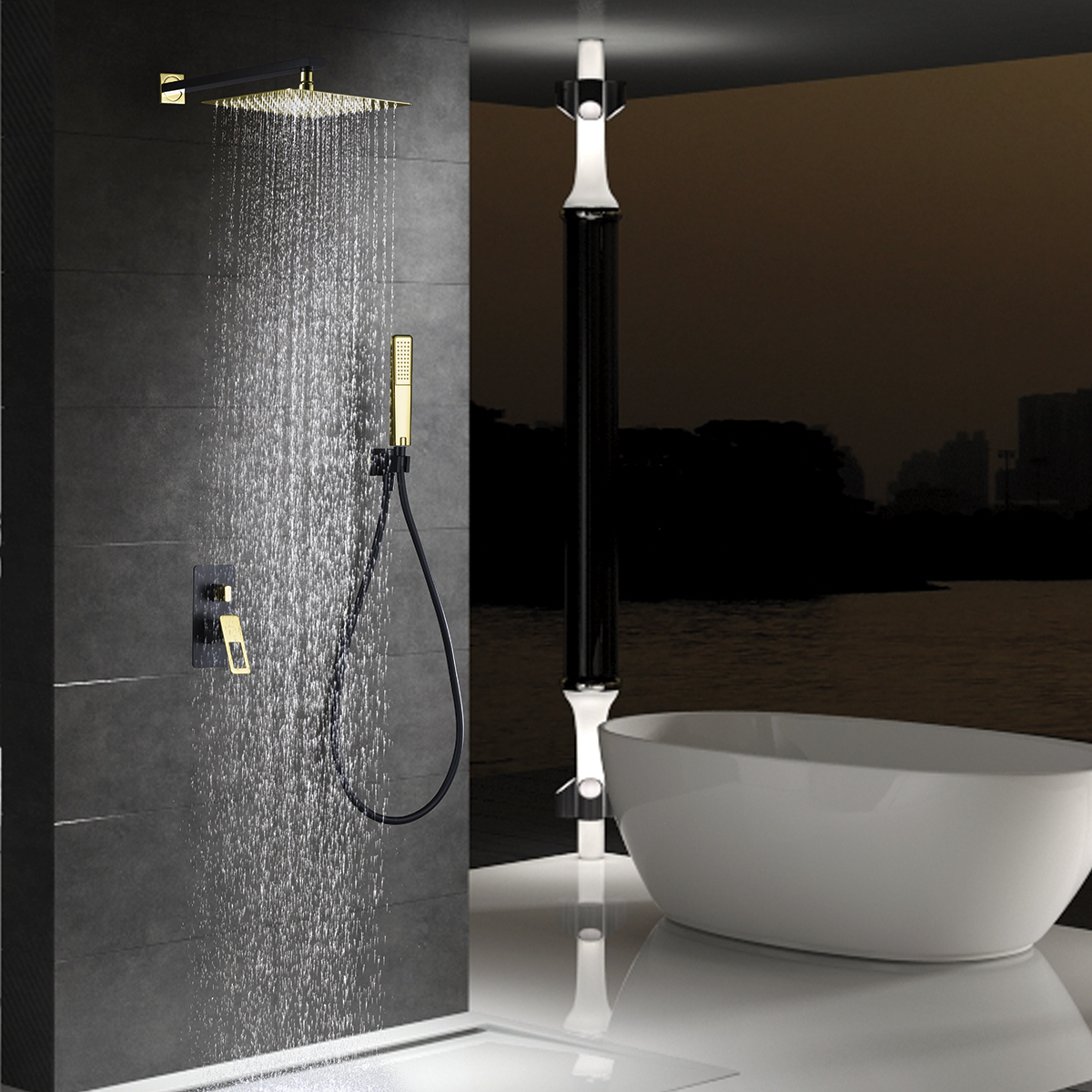 Kit de embutir para ducha em aço e latão preto e ouro com monocomando e sup