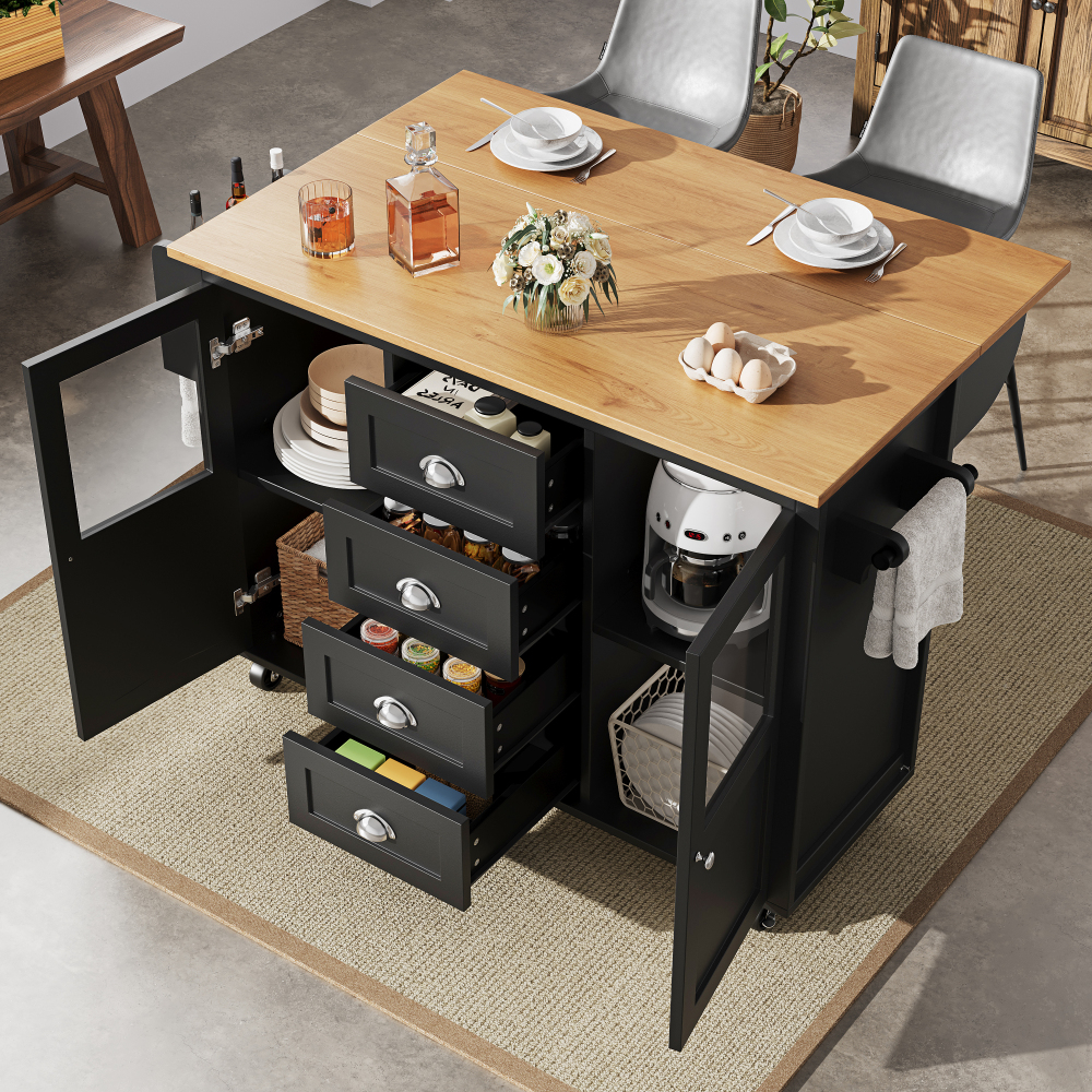 Ilha de cozinha com rodas em mdf e metal preto com mesa rebatível