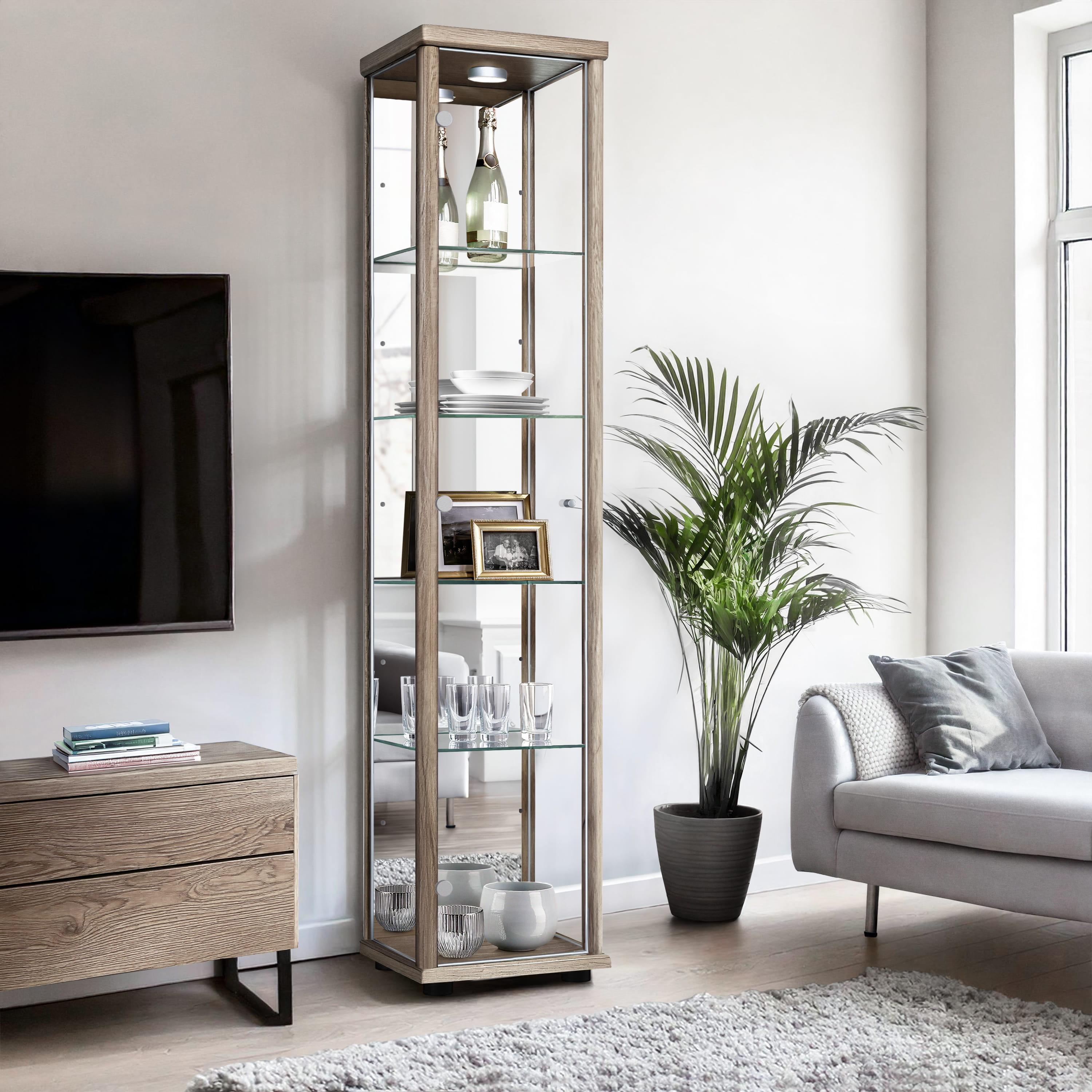 K-möbel vitrine cristal carvalho sonoma (176x37x33 cm), espelho e LED