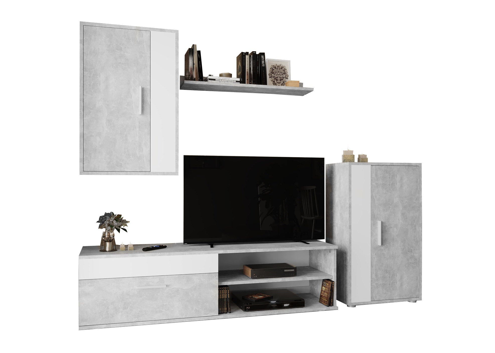 Conjunto de móveis de sala de estar eco, branco e cimento 190x165cm