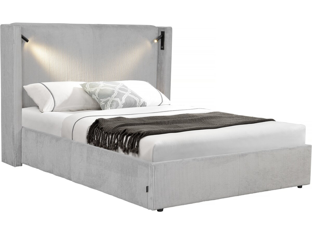 Cama de casal em veludo cotelê com cômoda integrada e abajur "cortina" - 16