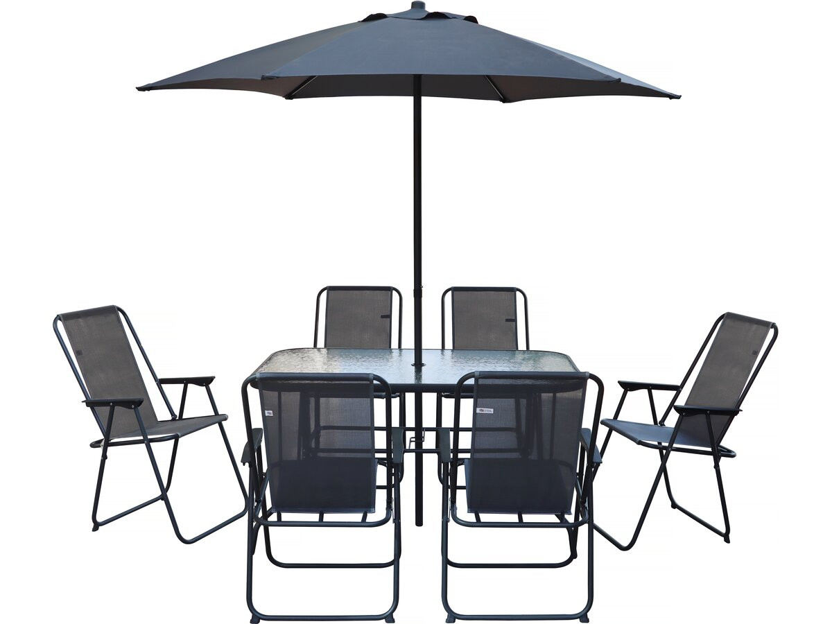 Mesa e cadeiras de jardim com guarda-sol de metal <<convivia>> - 6 lugares