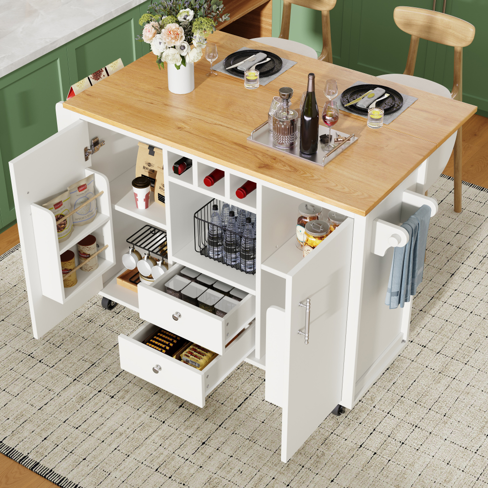 Ilha de cozinha com mesa rebatível em mdf e metal branca