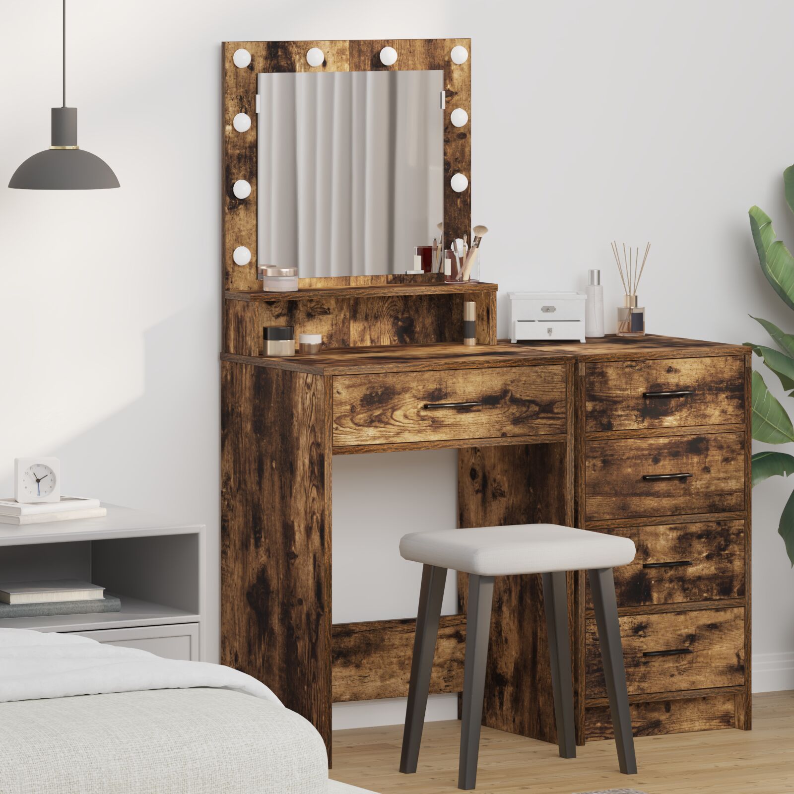 Mesa de maquiagem com luzes LED carvalho fumado 50x41x135 cm wf962960