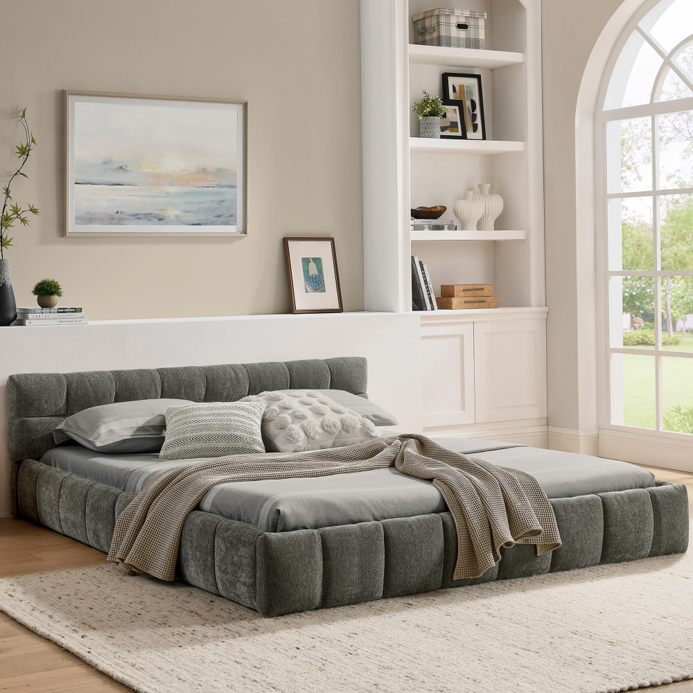 Cama de casal 140x200cm estofada chenille madeira e ferro – cinzento escuro