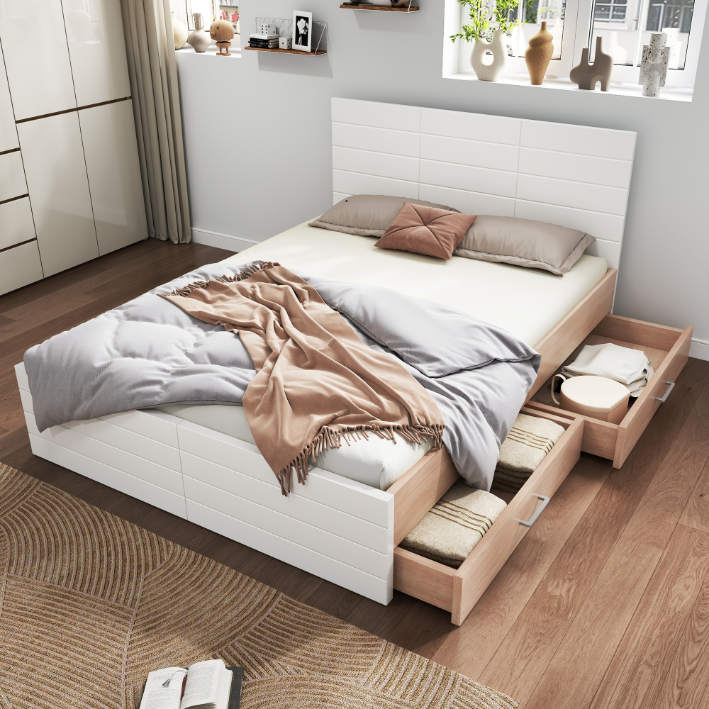 Cama de casal 160x200cm com gavetas madeira branca