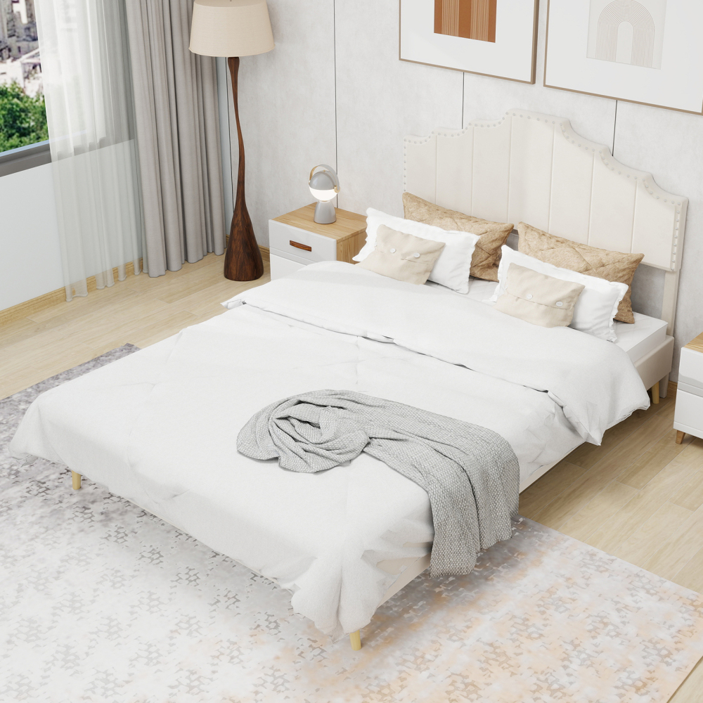 Cama estofada 160x200cm estrutura ripada tecido metal – bege
