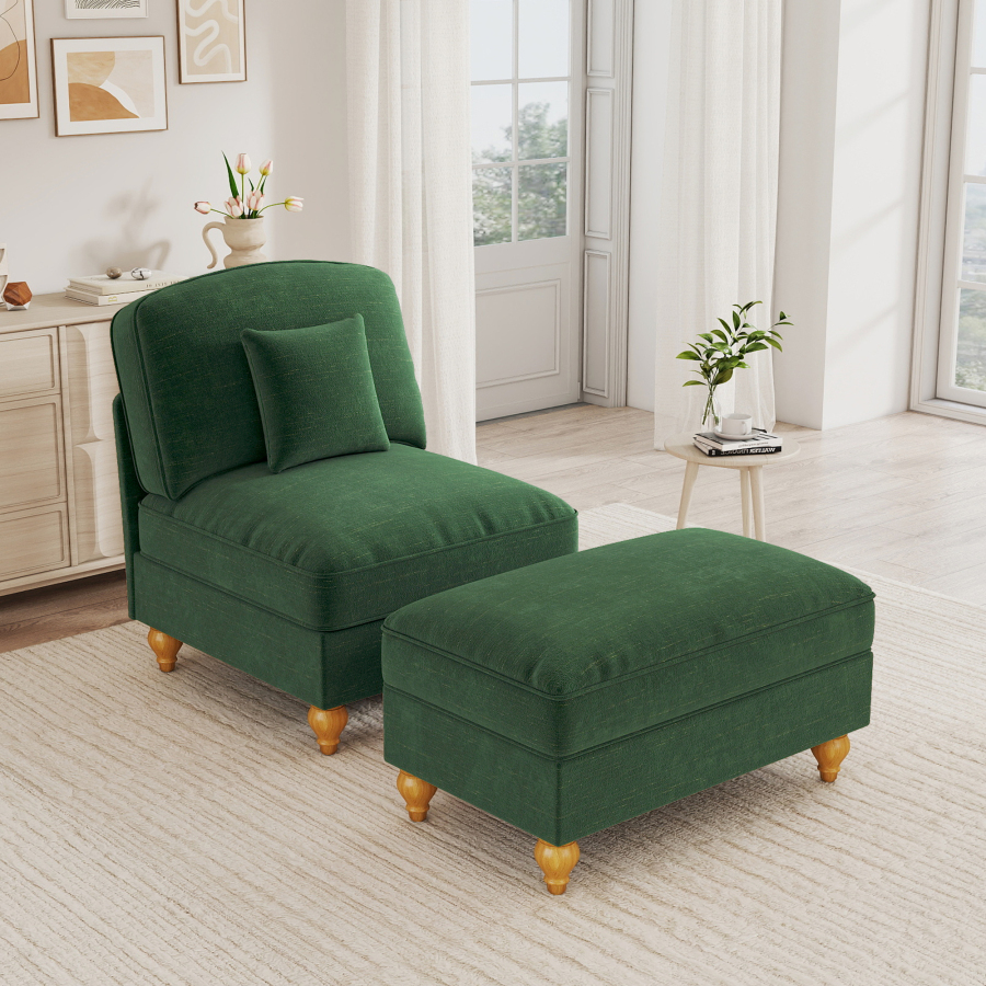 Poltrona em chenille verde com otomana e capa removível