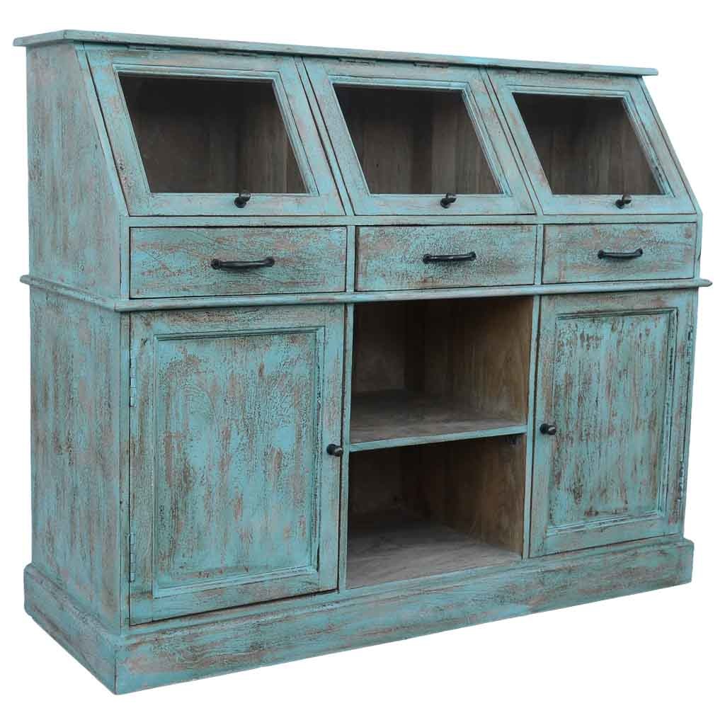 Aparador de madeira com 2 portas e 3 gavetas, azul, medidas 45x129x106cm