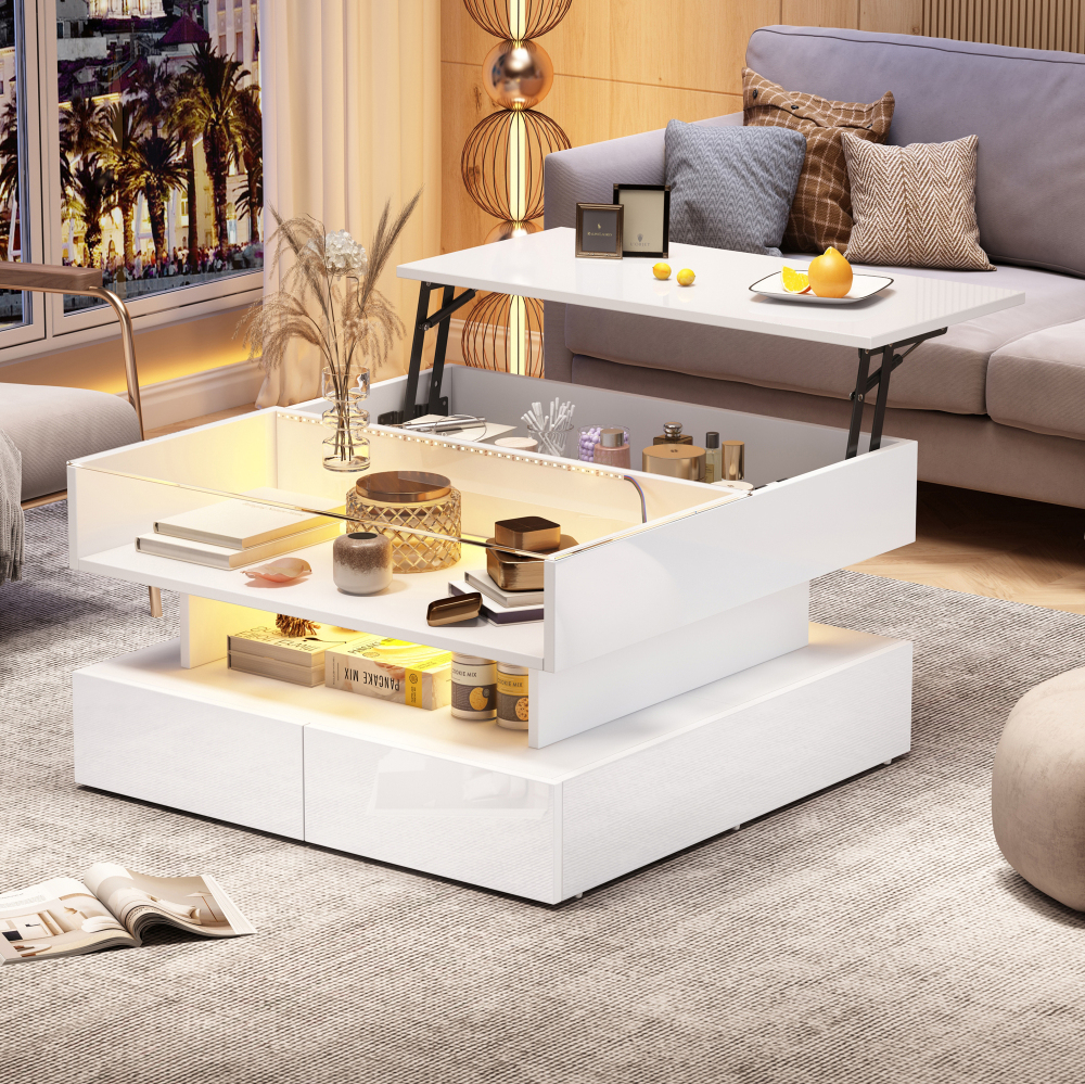 Mesa de centro elevável branca com arrumação e 2 gavetas 45x80x80cm
