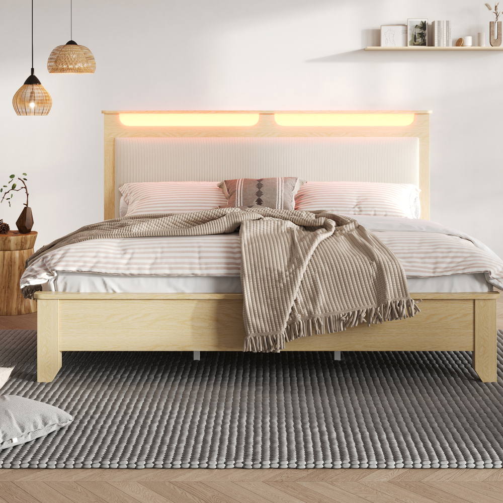 Cama de casal 140x200cm com arrumação e LED tecido cotelê madeira – bege