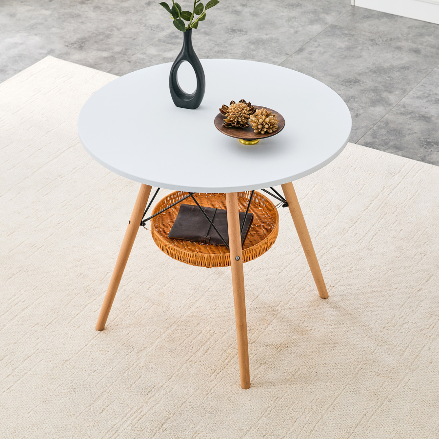 Mesa de jantar redonda com cesto branco madeira 80cm
