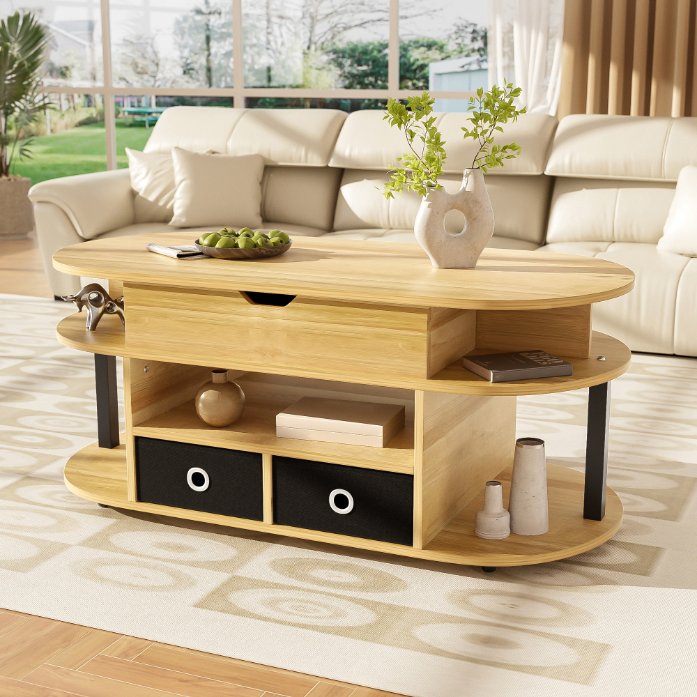 Mesa de centro elevatória com 2 gavetas preto madeira 45x105x50cm