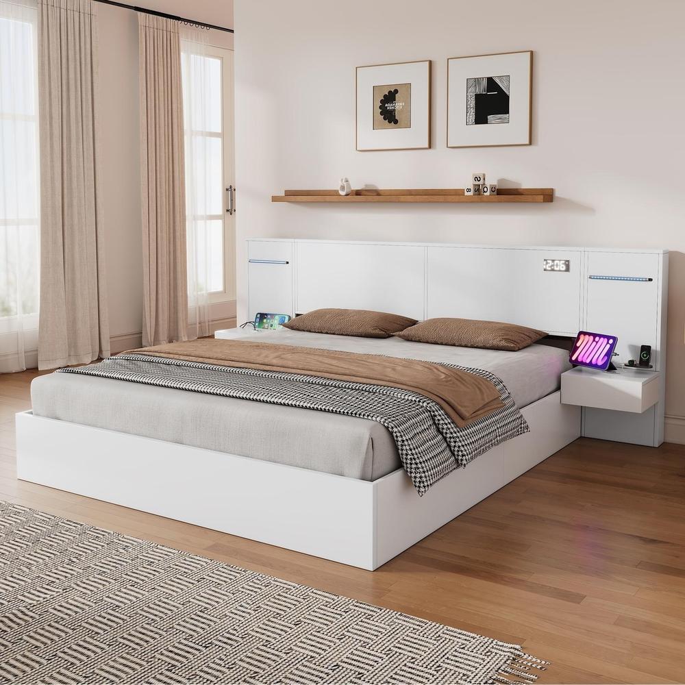 Cama de casal em madeira 180x200cm com usb, LED e 2 mesas, branca