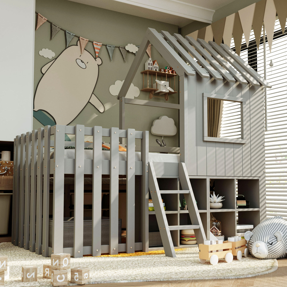 Cama infantil casinha 90x200cm com arrumação madeira – cinzento