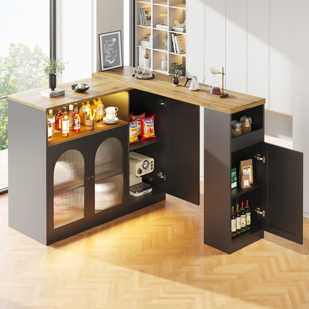 Mesa de bar rotativa 360 graus em mdf preto com LED e arrumação