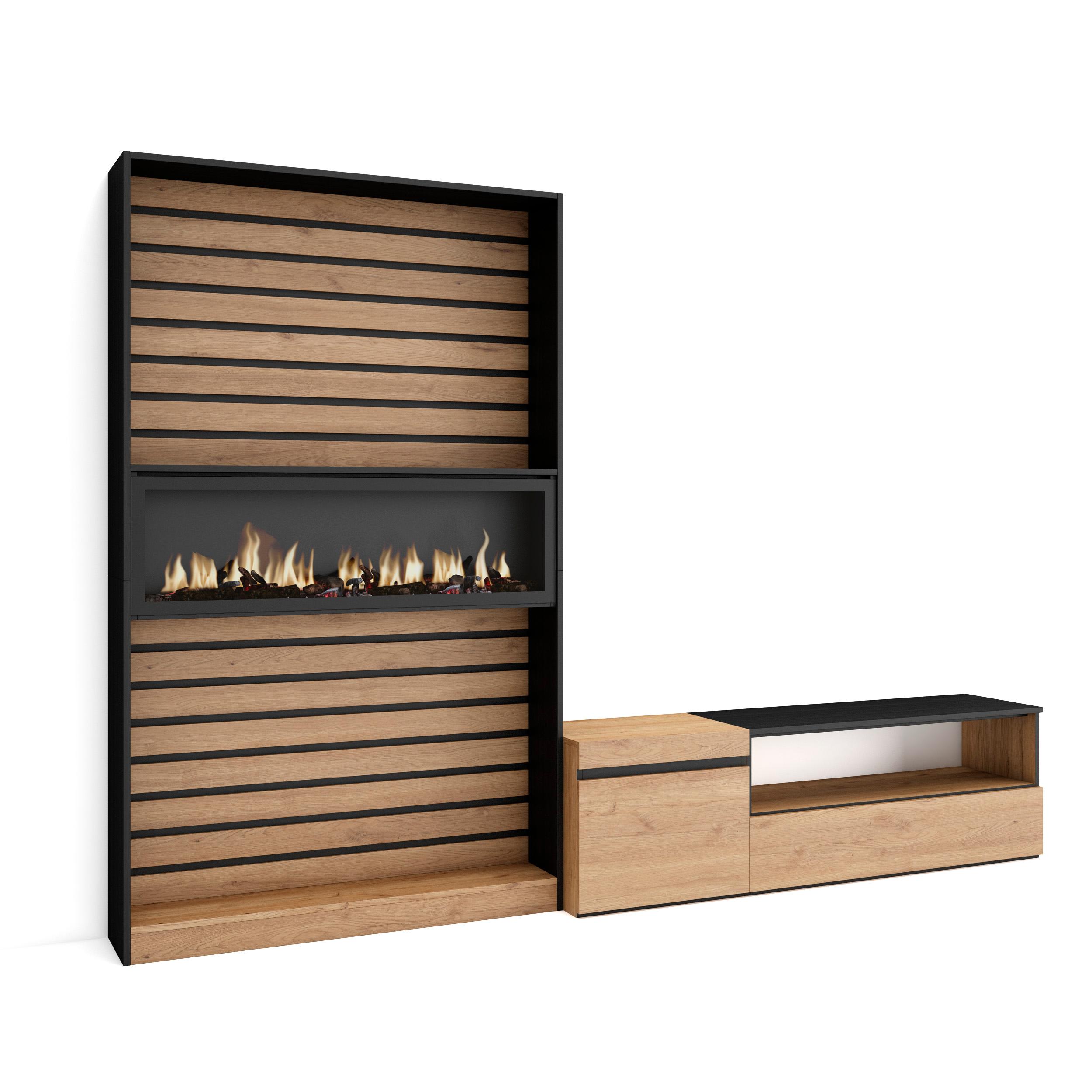 Móveis tv, 260x35x186cm, carvalho e preto, lareira eléctrica xxl rf3158