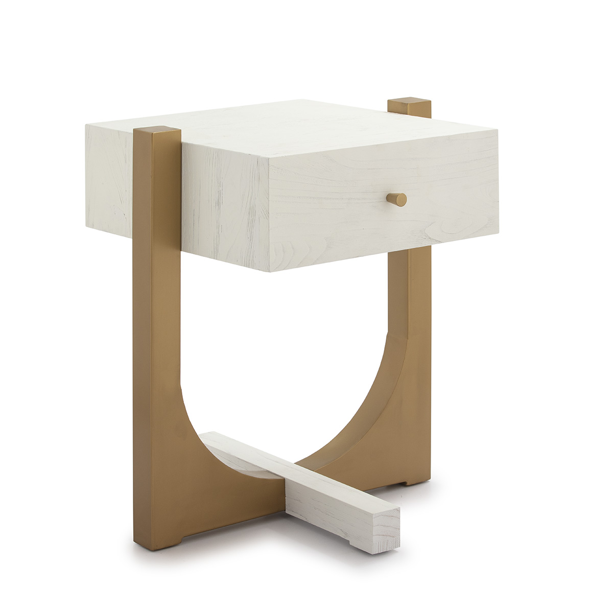 Mesa de cabeceira 51x45x61 em madeira branca com detalhes em metal dourado.