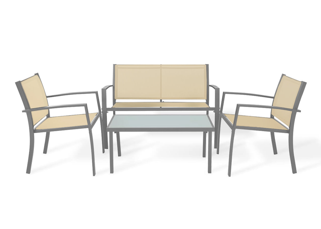 Sofá + 2 cadeiras + mesa em vidro temperado. Conjunto de jardim e terraço,