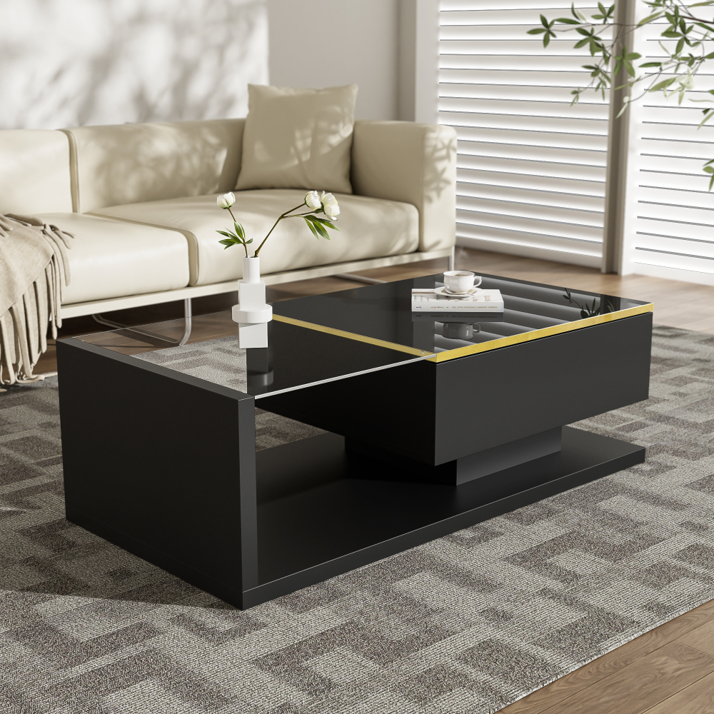 Mesa de centro preta com vidro e LED 32,5x100x50cm