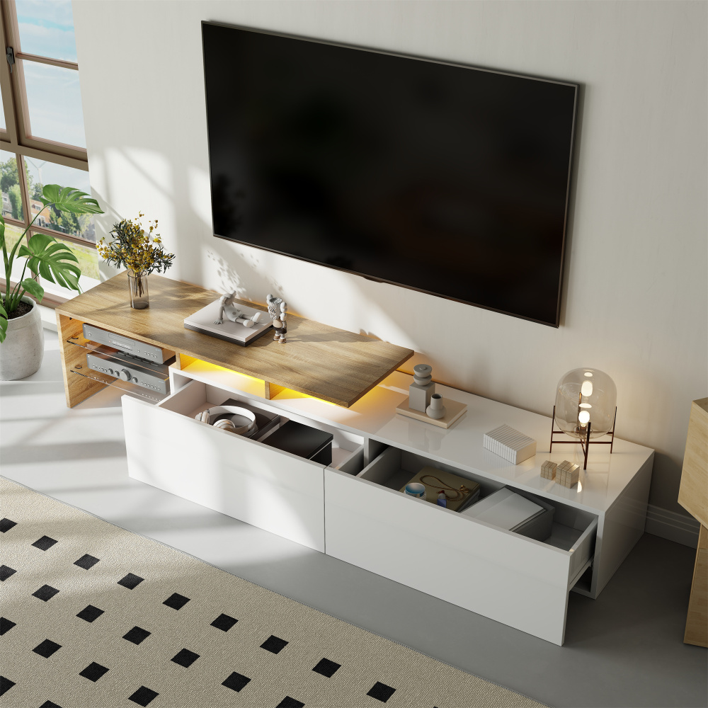 Móvel de tv com LED e prateleiras de vidro branco natural 33,5x170x33cm