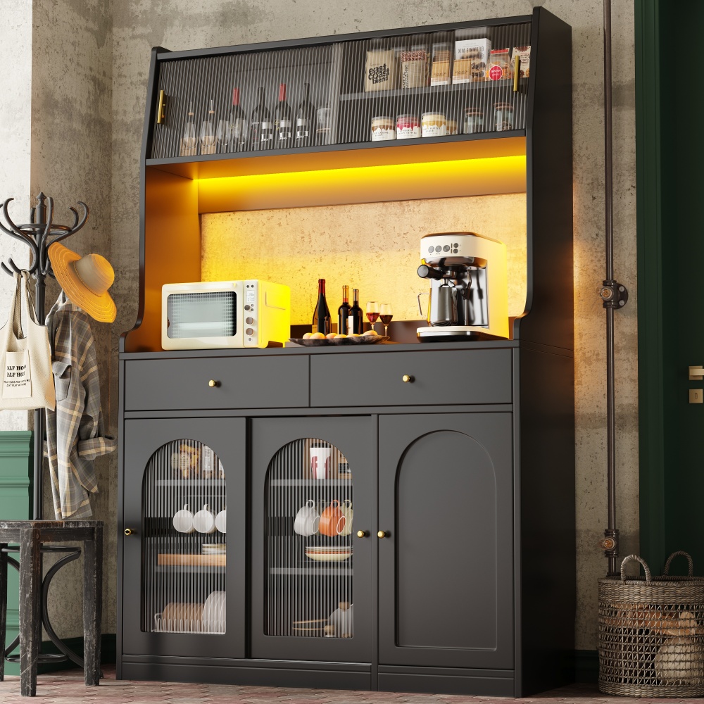 Armário alto de cozinha com LED em mdf e vidro preto 120 x 40 x 180 cm