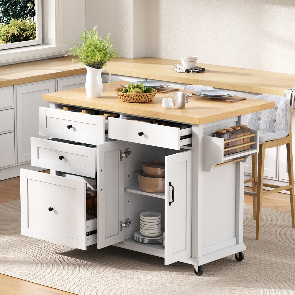 Ilha de cozinha com rodas e tampo extensível em mdf branco e natural