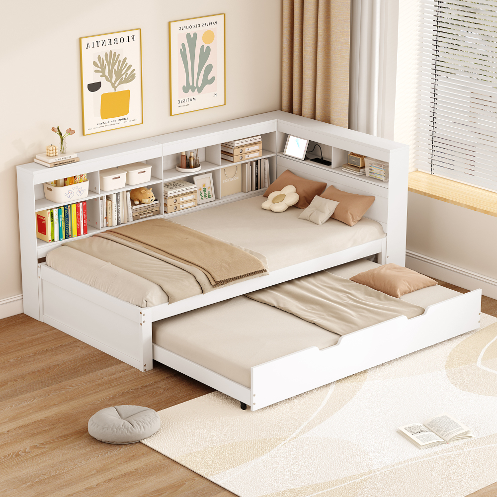 Sofá-cama individual em madeira branco 90x200cm usb arrumação extensível