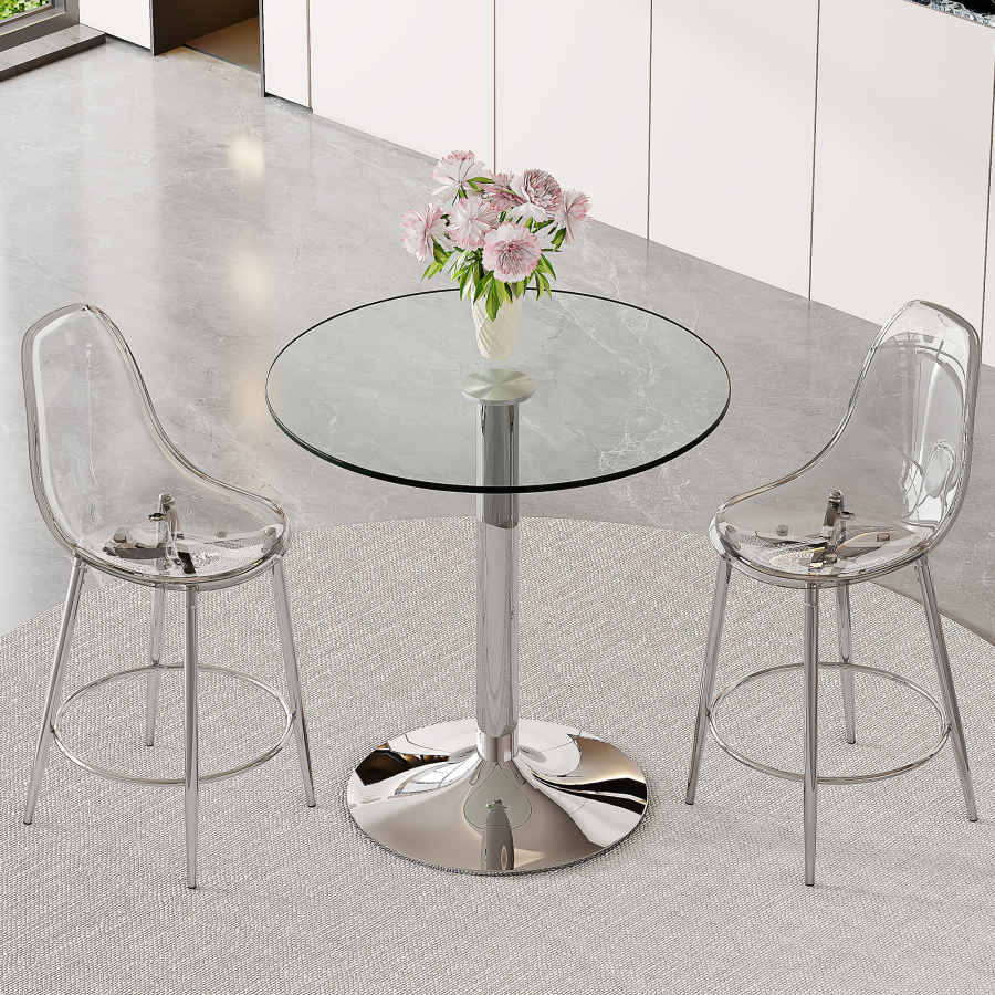 Conjunto de bar com mesa de vidro e 2 bancos transparentes prateado