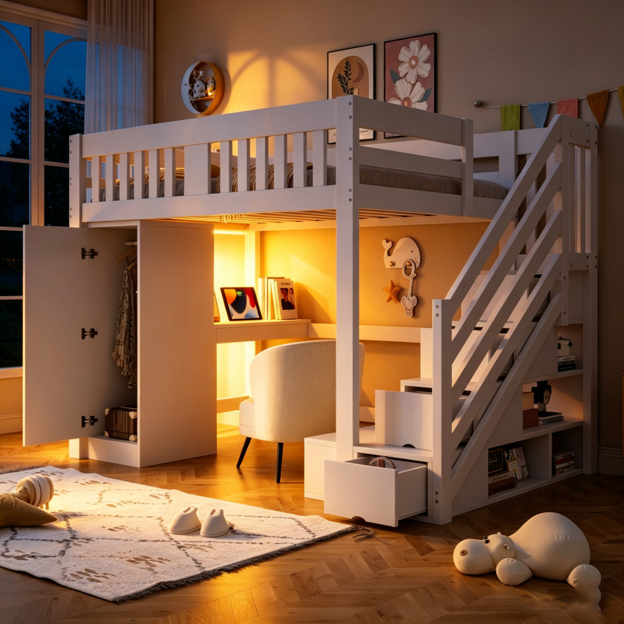 Cama alta 140x200cm com escada com arrumação e escritório madeira – branco