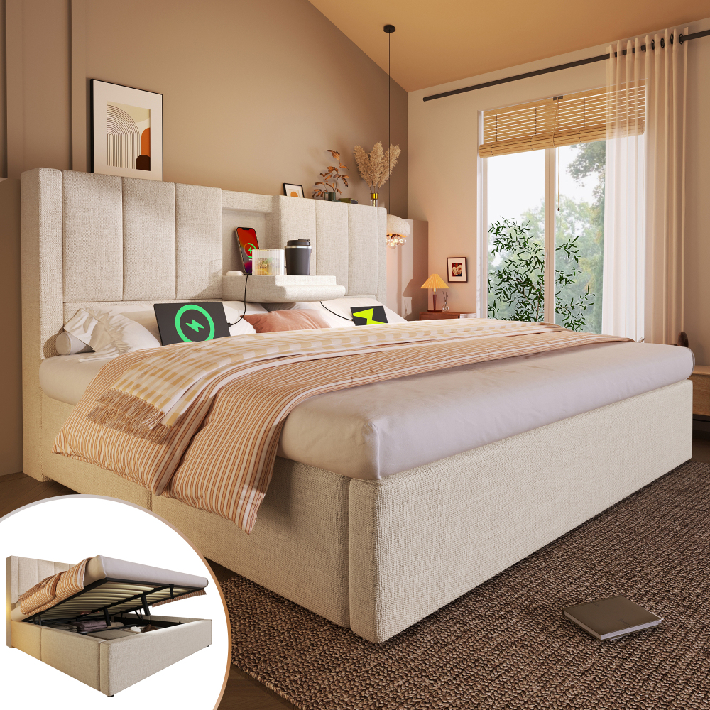 Cama estofada 140x200cm com arrumação e suporte de copos linho beije