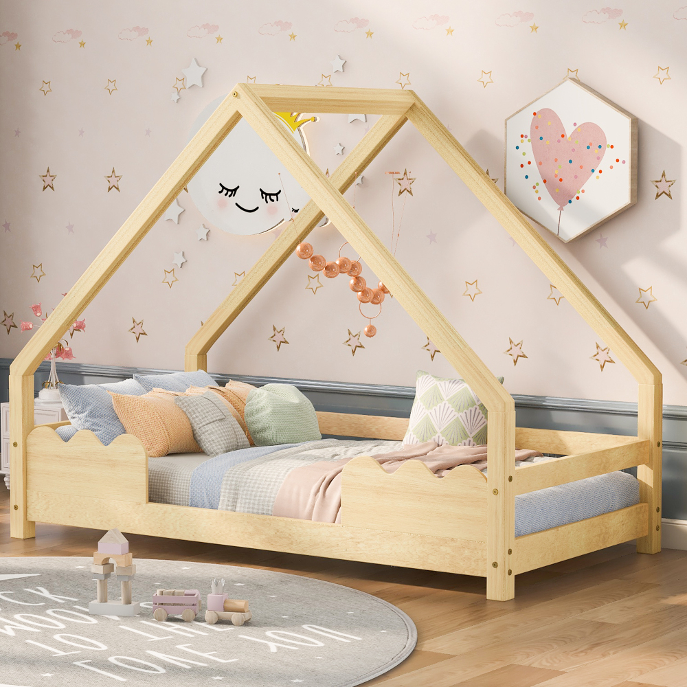 Cama infantil 90x200cm com grade de proteção e estrado madeira natural