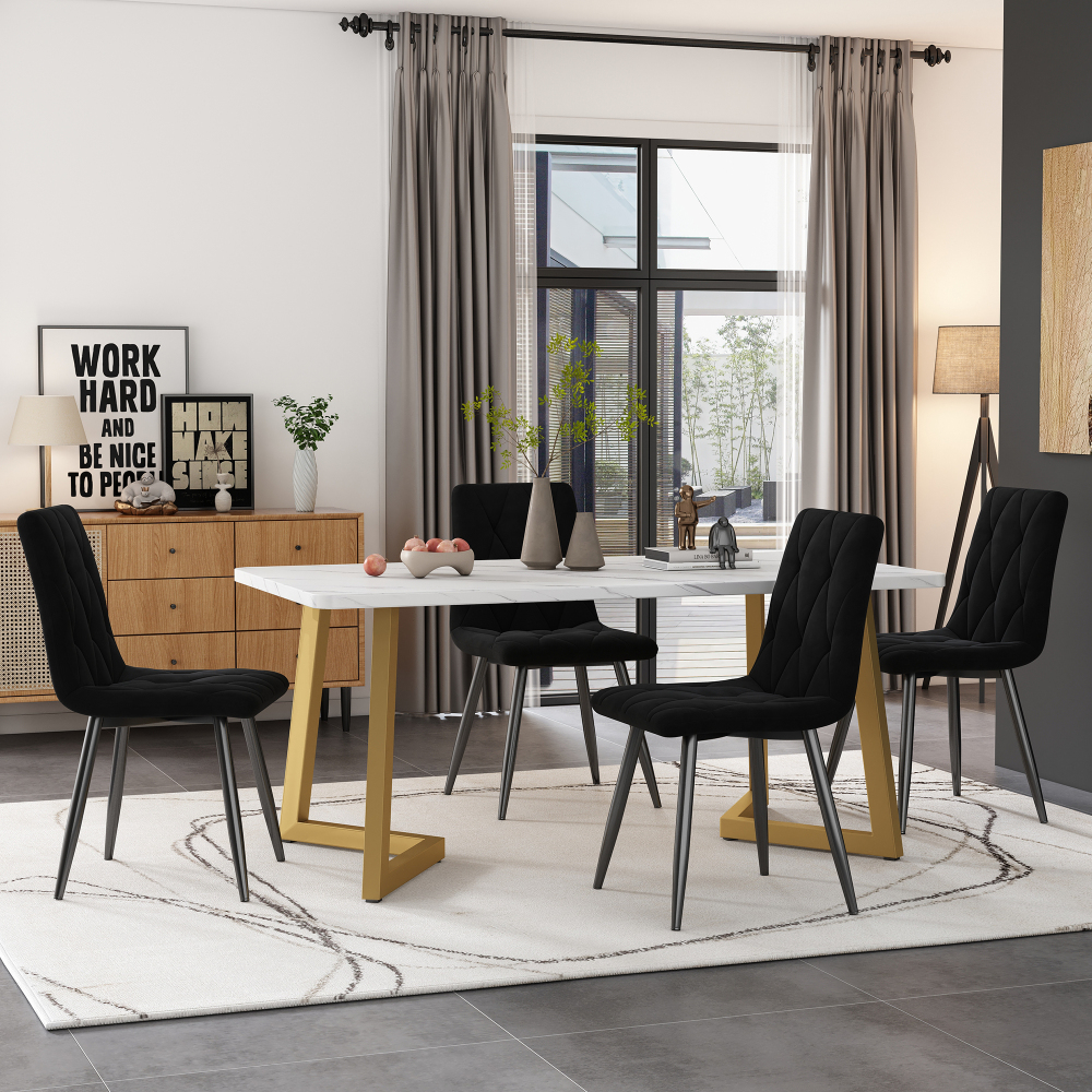 Conjunto mesa de jantar retangular com 4 cadeiras veludo preto 117x68cm