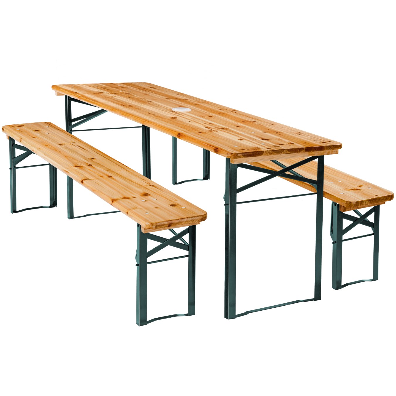 Tectake mesa e bancos dobráveis, suporte guarda-sol, 170x46x78cm, castanho