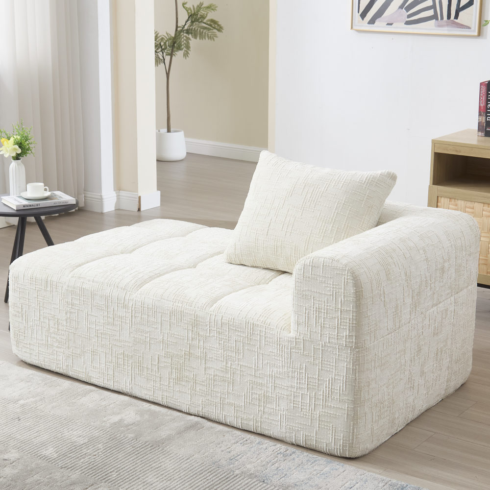 Chaise longue 1 lugar com bolsos laterais tecido chenille bege