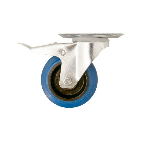 RODA GIRATÓRIA Ø 10 CM COM CHAPA E TRAVÃO AZUL