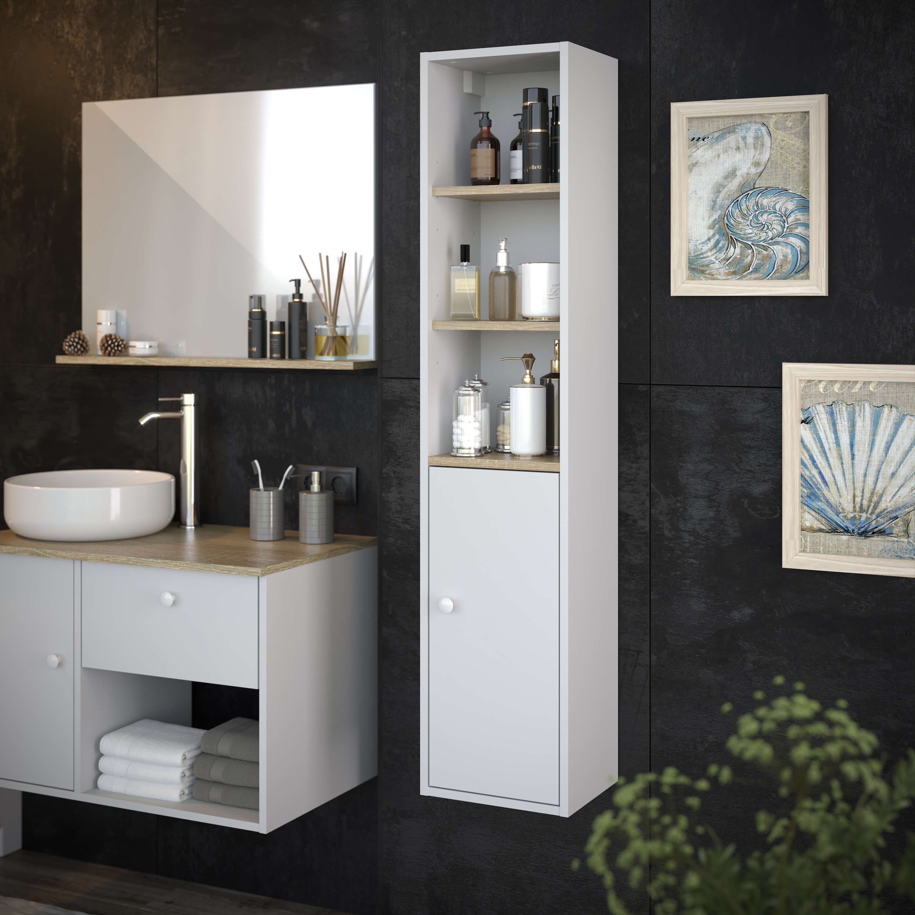 Coluna da casa de banho lara 1 porta 140x30x25 cm branco e carvalho t-bath