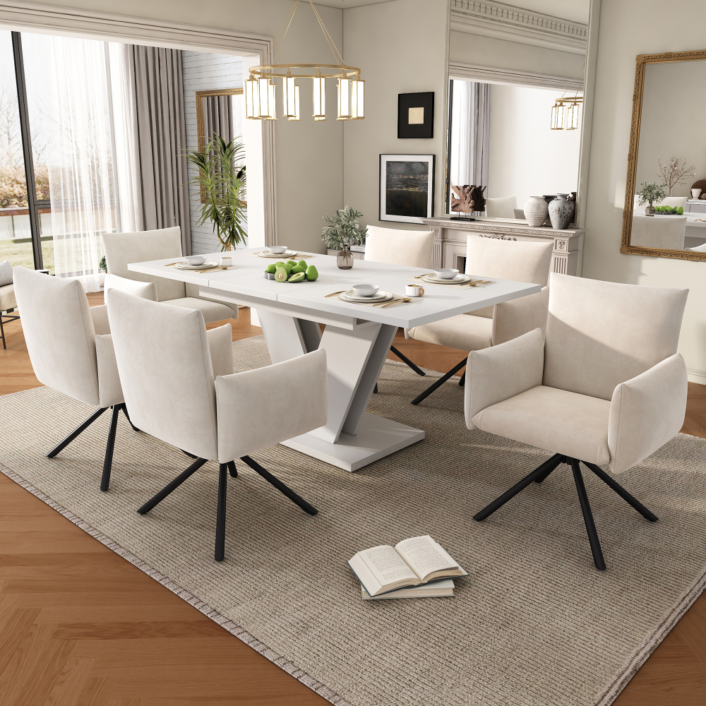 Conjunto mesa de jantar extensível com 6 cadeiras branco/bege 120-160cm