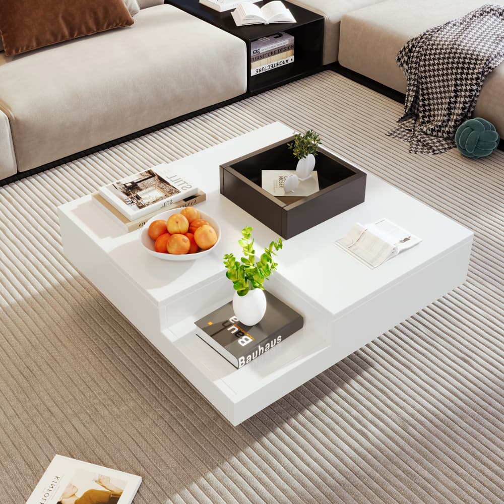 Mesa de centro com LED e caixa de arrumação branco 30x72x72cm