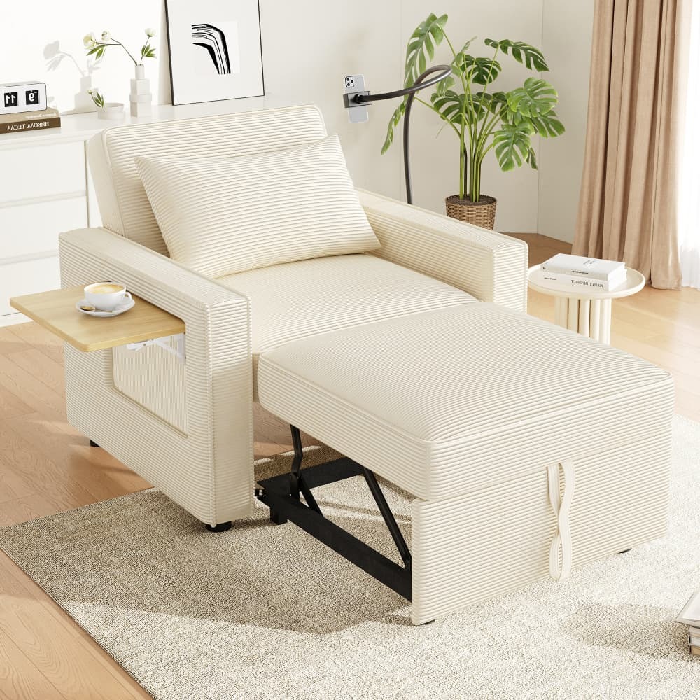 Sofá-cama individual bombazina bege usb mesa lateral encosto reclinável