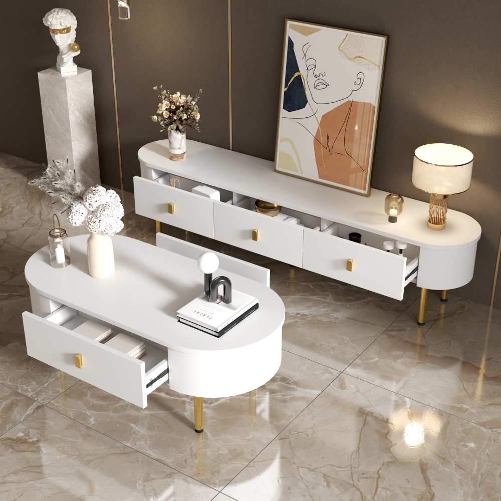 Conjunto mesa de centro e móvel de tv com gavetas branco 41x174x35cm