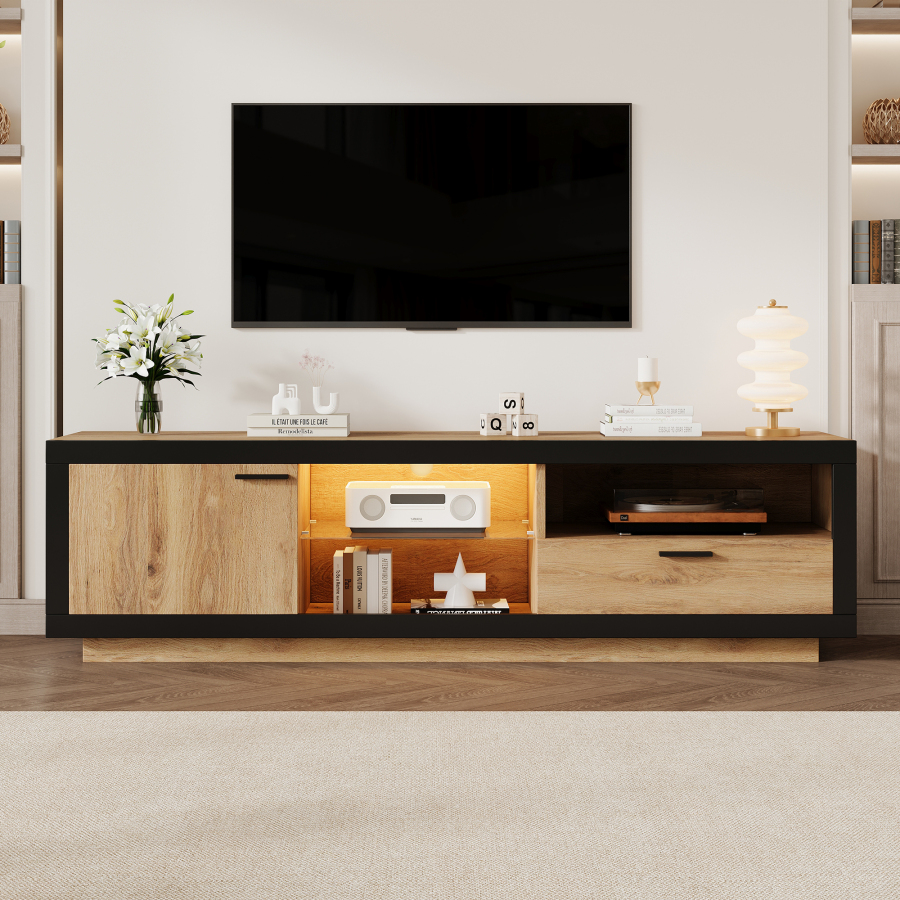 Móvel tv com LED e 1 gaveta preto e carvalho 50x160x40cm