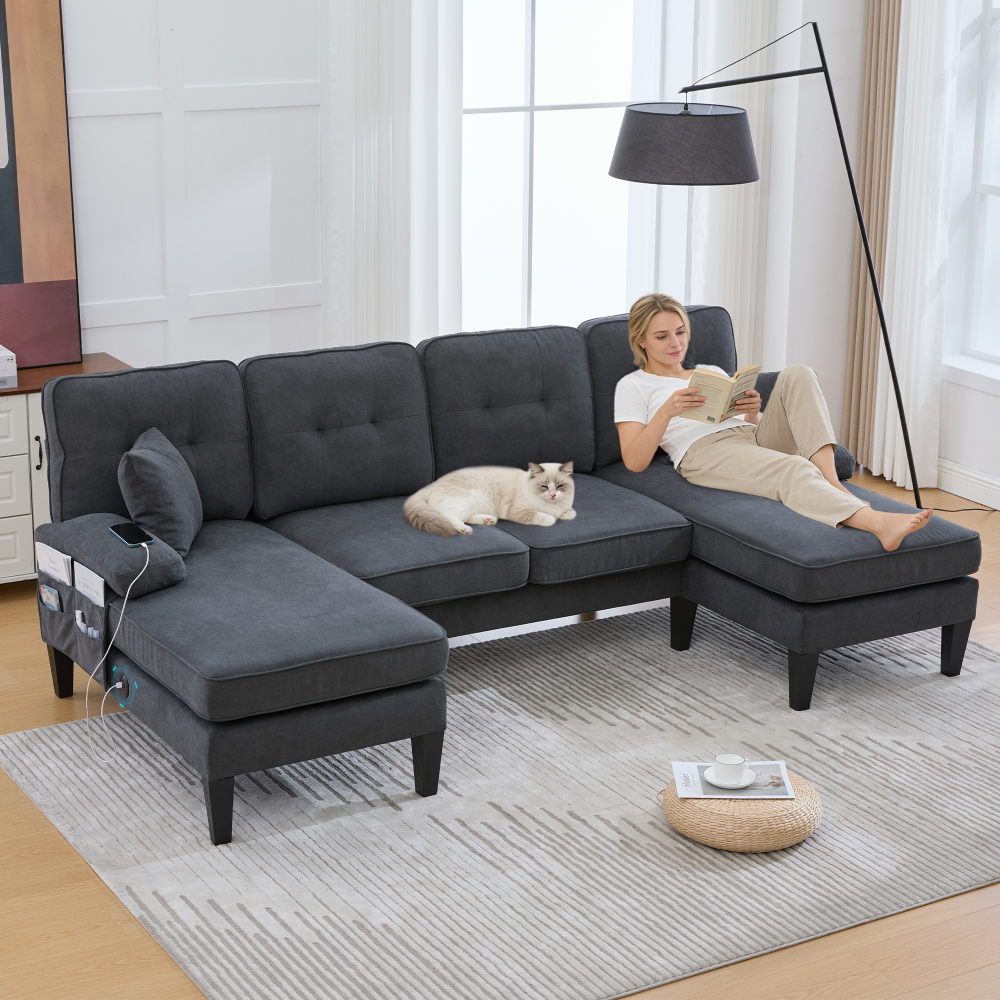 Sofá em u com duas chaise longue em linho cinzento escuro 4 lugares