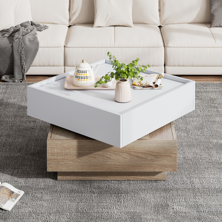 Mesa de centro giratoria con 2 cajones blanco+nogal 38x60x60cm