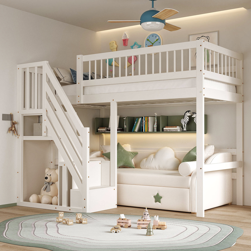 Cama individual 90x200cm com escada e arrumação madeira – branco