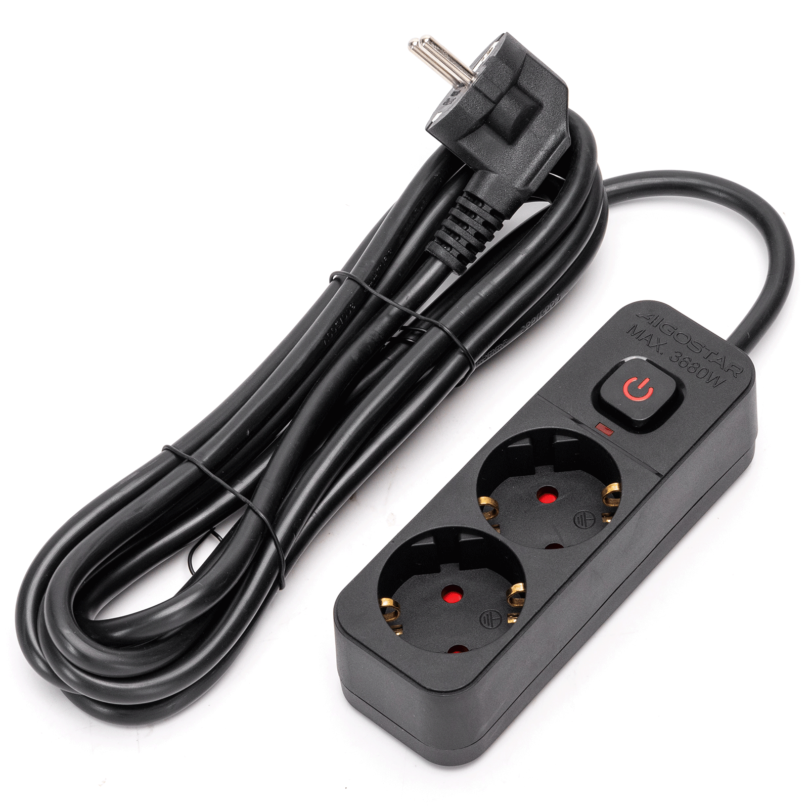 Aigostar régua 2 tomadas, extensão 3m com interruptor, preto
