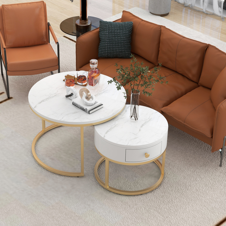 Mesa de centro conjunto 2 peças redonda mdf branco brilhante 48x70x70cm