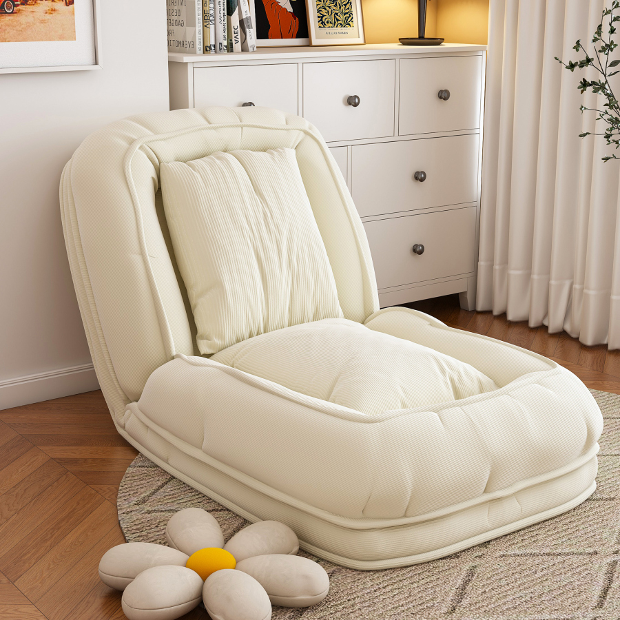 Sofá-cama dobrável ergonómico em tecido branco creme com estrutura metálica