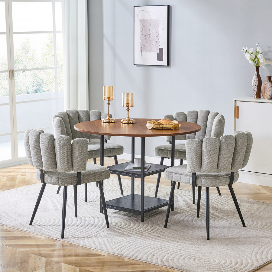 Conjunto mesa jantar redonda 4 lugares arrumação nogueira cadeiras cinz.