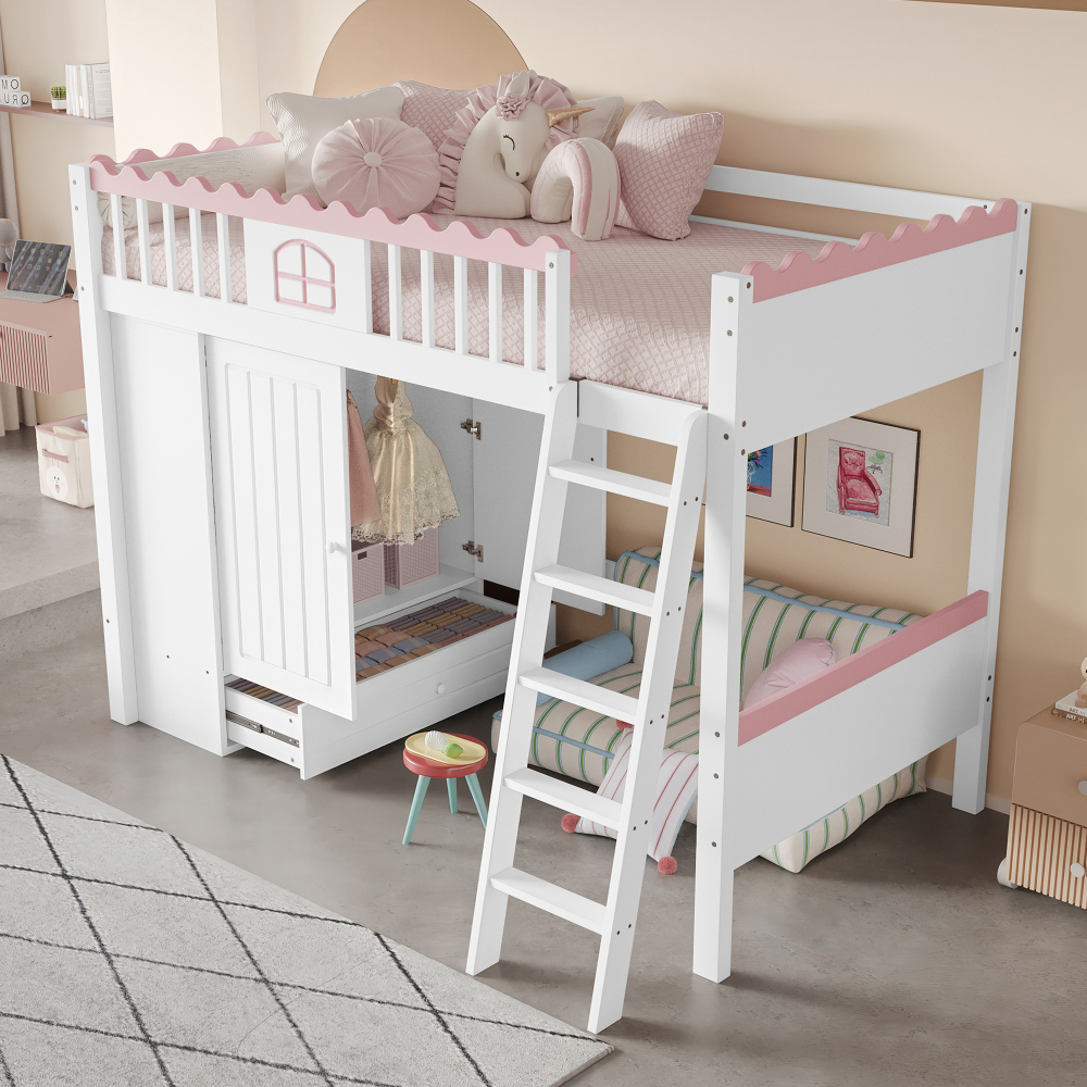 Cama alta 90x200cm com roupeiro e gaveta madeira de pinheiro branco